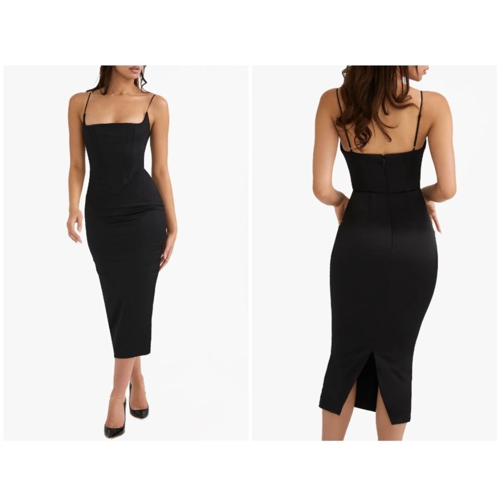 House of CB Anais Satin Corset Midi Dress - Black